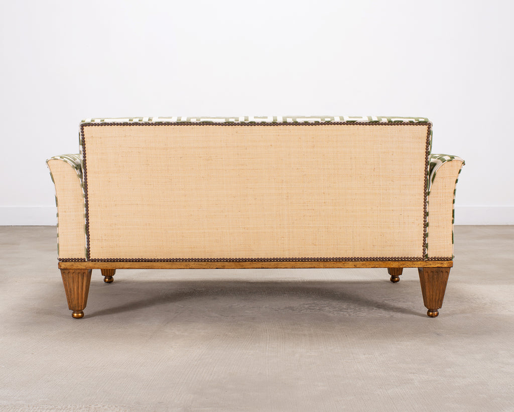20th C. Art Deco Style Greek Key Velvet and Raffia Settee