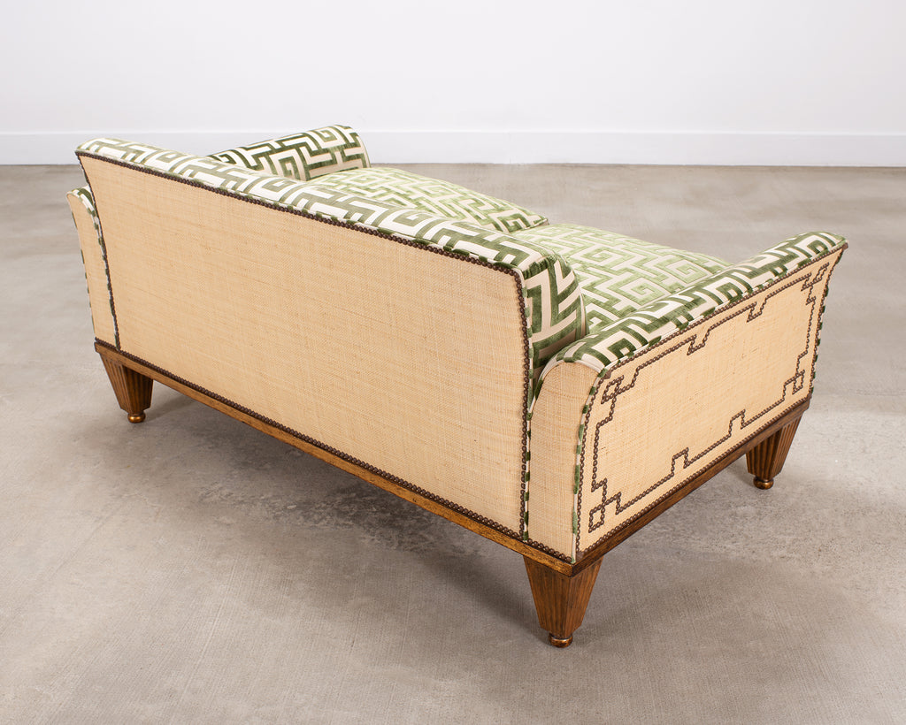 20th C. Art Deco Style Greek Key Velvet and Raffia Settee
