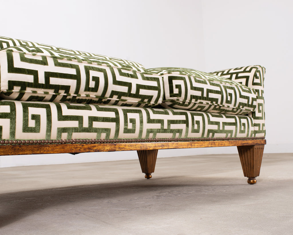20th C. Art Deco Style Greek Key Velvet and Raffia Settee