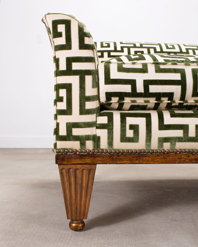 20th C. Art Deco Style Greek Key Velvet and Raffia Settee