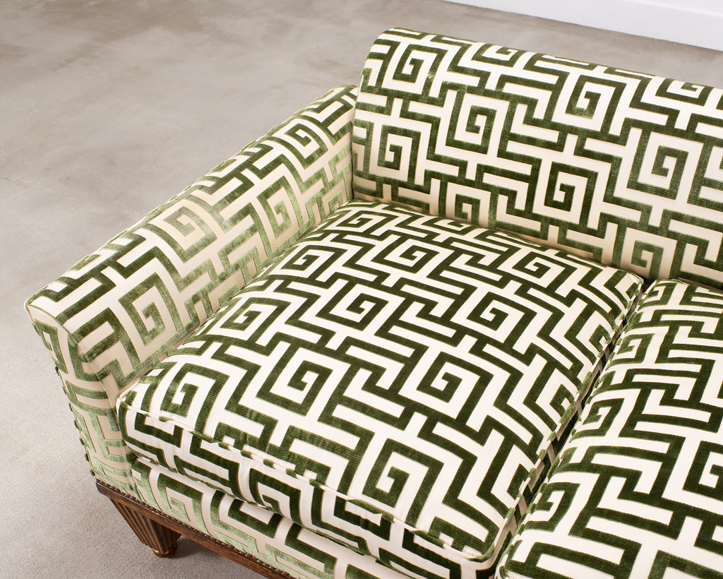 20th C. Art Deco Style Greek Key Velvet and Raffia Settee
