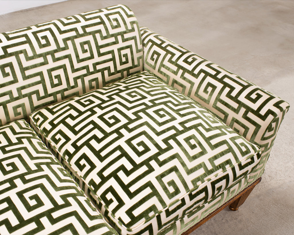 20th C. Art Deco Style Greek Key Velvet and Raffia Settee