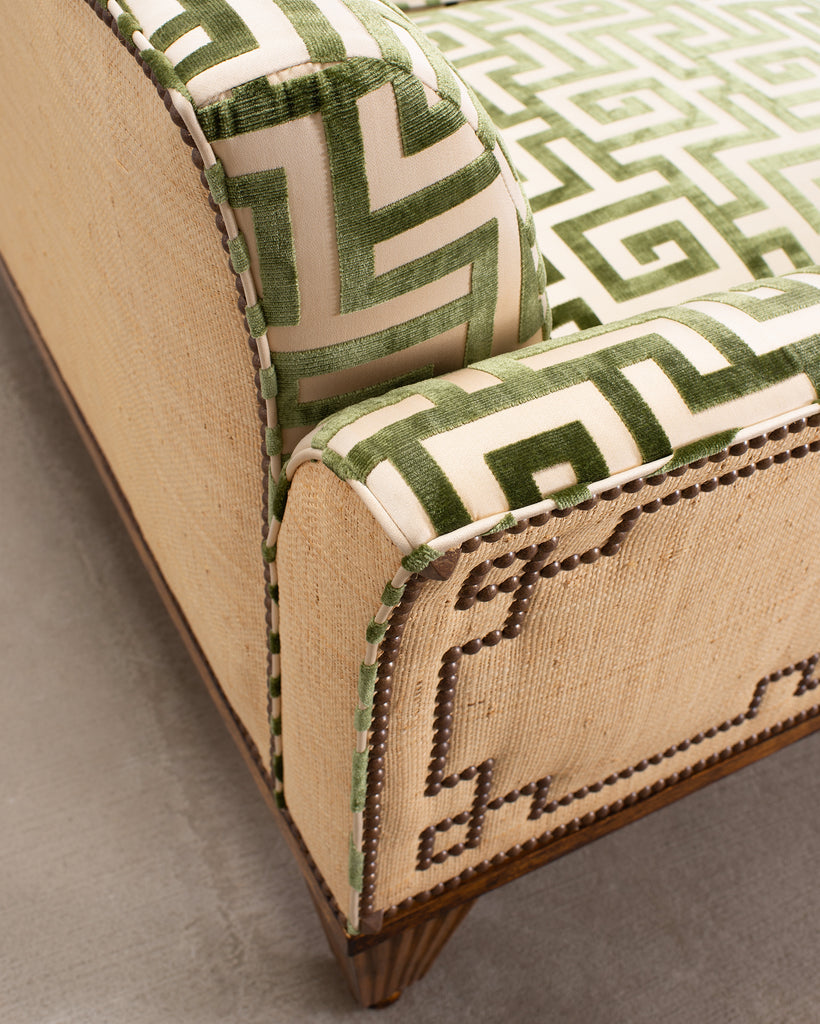 20th C. Art Deco Style Greek Key Velvet and Raffia Settee