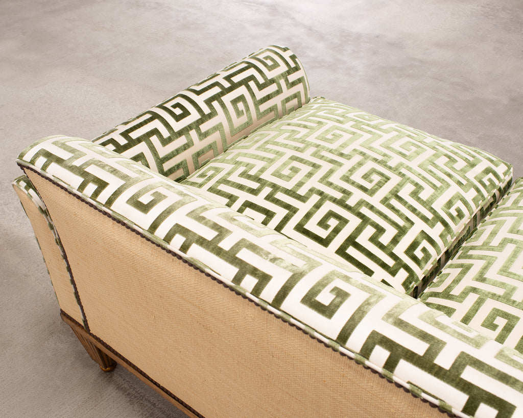 20th C. Art Deco Style Greek Key Velvet and Raffia Settee
