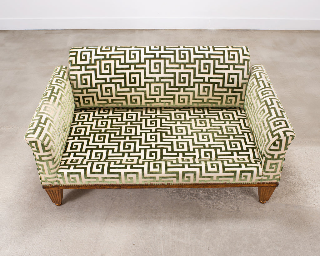 20th C. Art Deco Style Greek Key Velvet and Raffia Settee