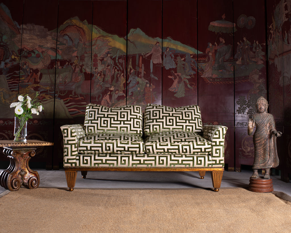 20th C. Art Deco Style Greek Key Velvet and Raffia Settee