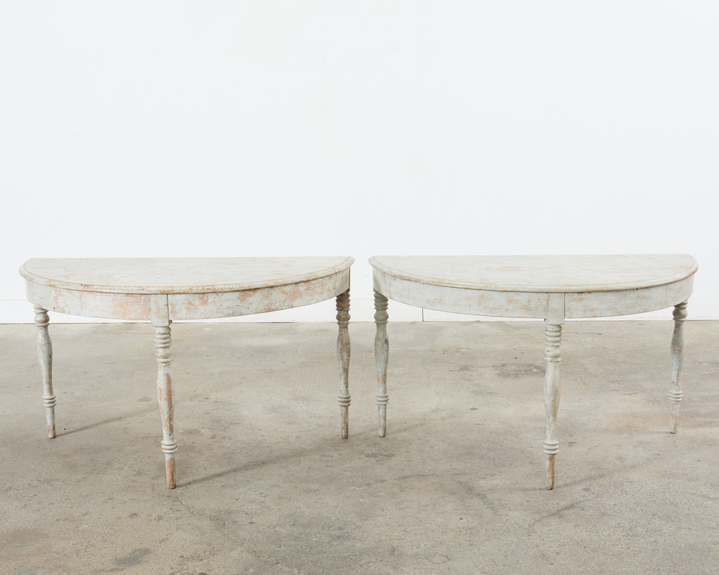 Pair of Swedish Gustavian Style Painted Pine Demilune Consoles