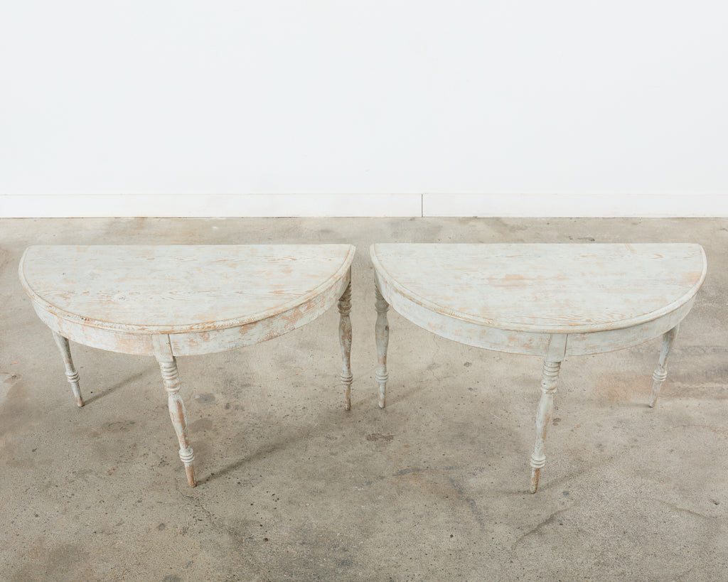 Pair of Swedish Gustavian Style Painted Pine Demilune Consoles