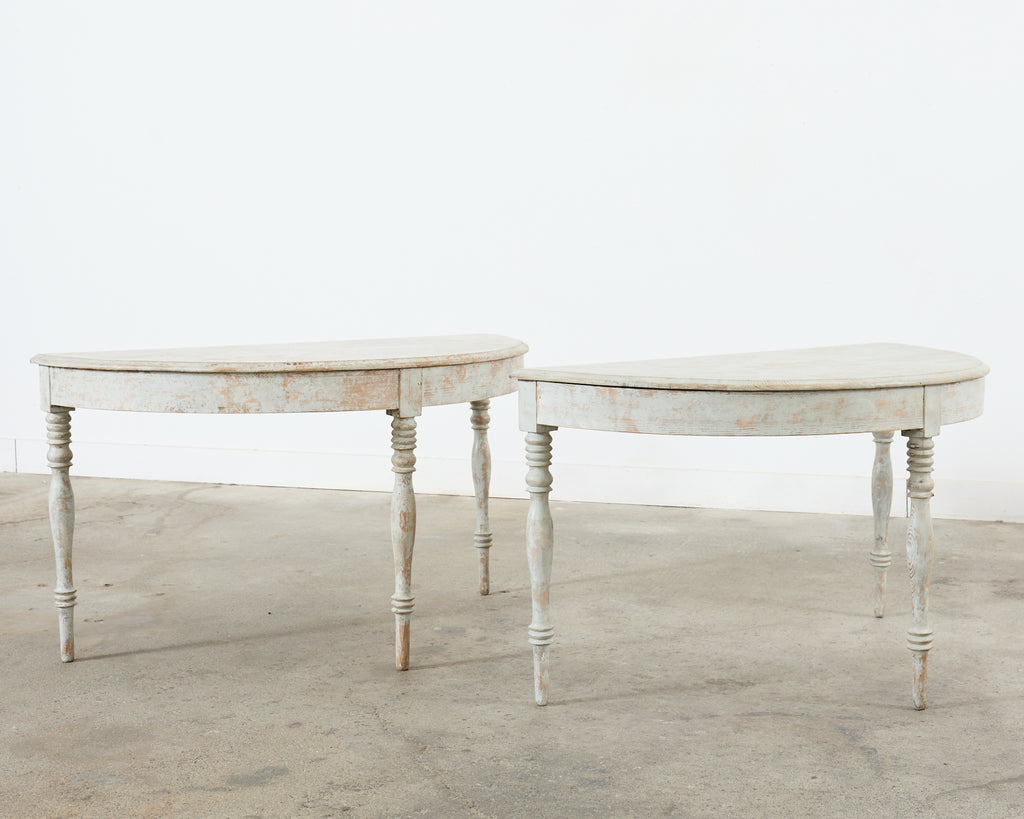 Pair of Swedish Gustavian Style Painted Pine Demilune Consoles