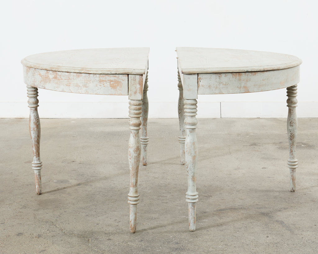 Pair of Swedish Gustavian Style Painted Pine Demilune Consoles