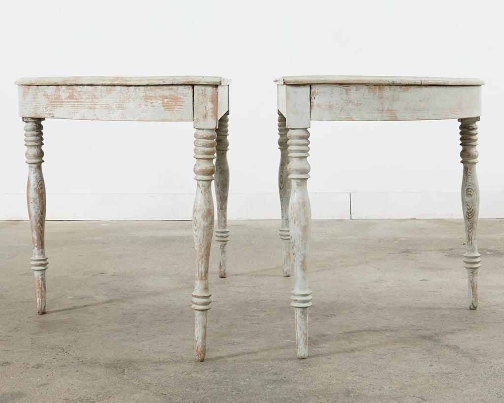 Pair of Swedish Gustavian Style Painted Pine Demilune Consoles