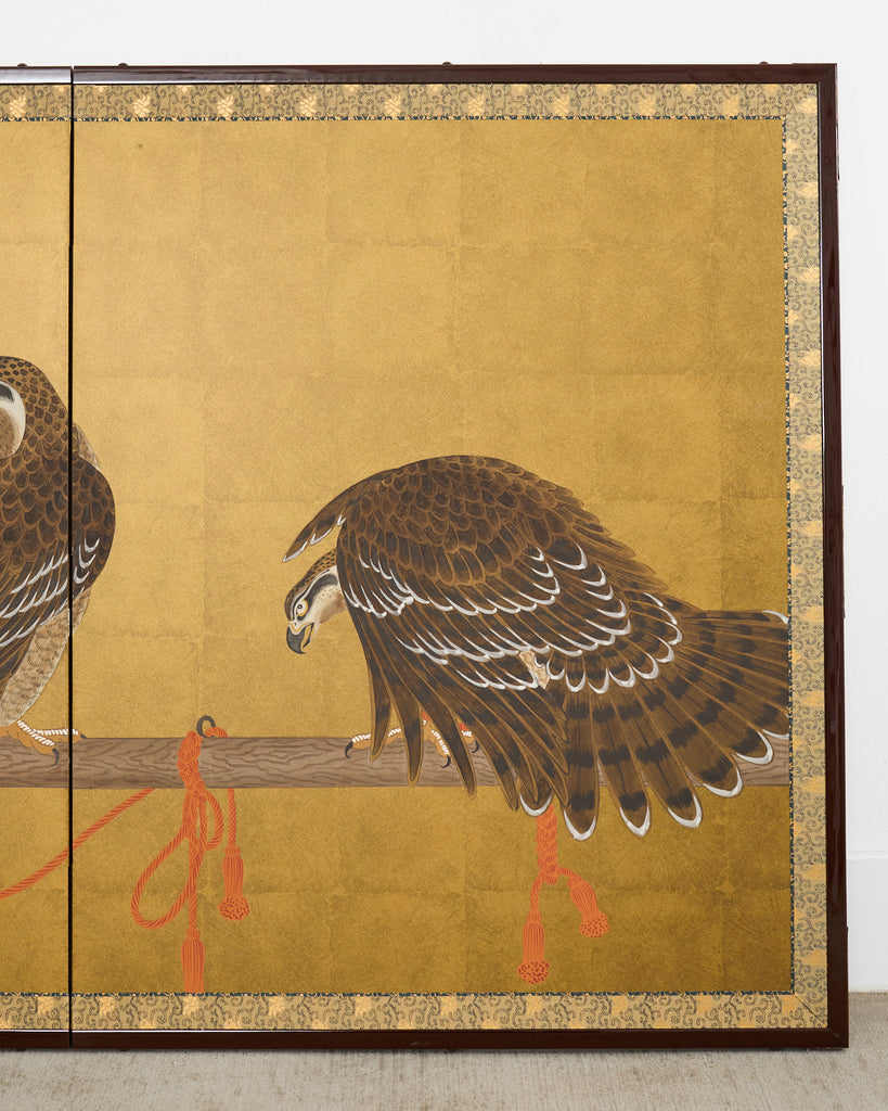 Japanese Showa Two Panel Screen Pair of Tethered Hawks