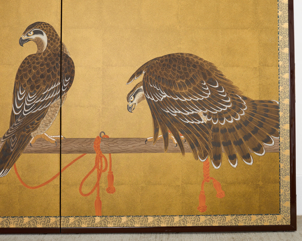 Japanese Showa Two Panel Screen Pair of Tethered Hawks