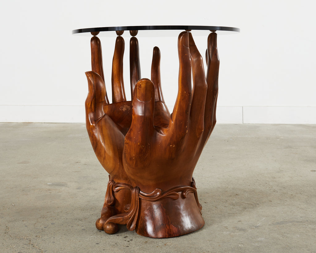 Pedro Friedeberg Style Two Hands Carved Walnut Drink Table