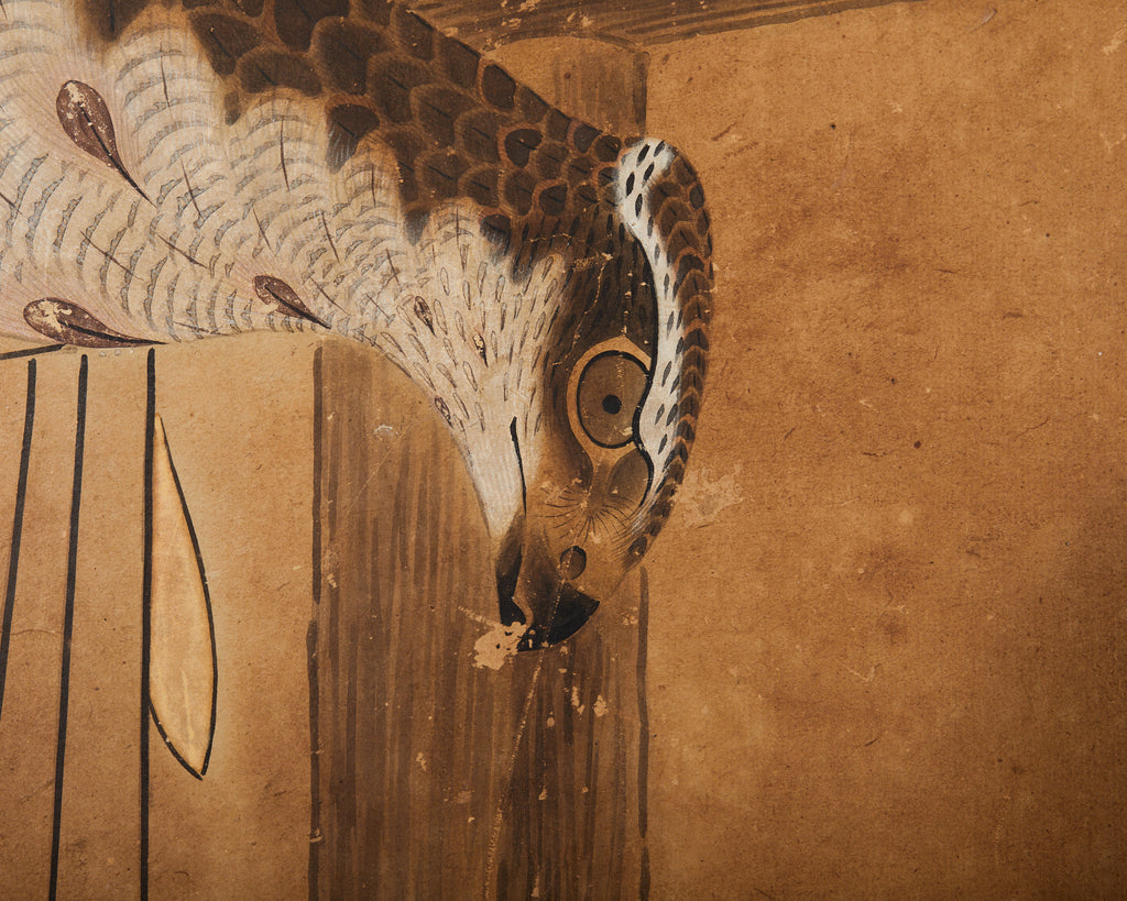 Japanese Edo Two Panel Screen Birds of Prey Hawks