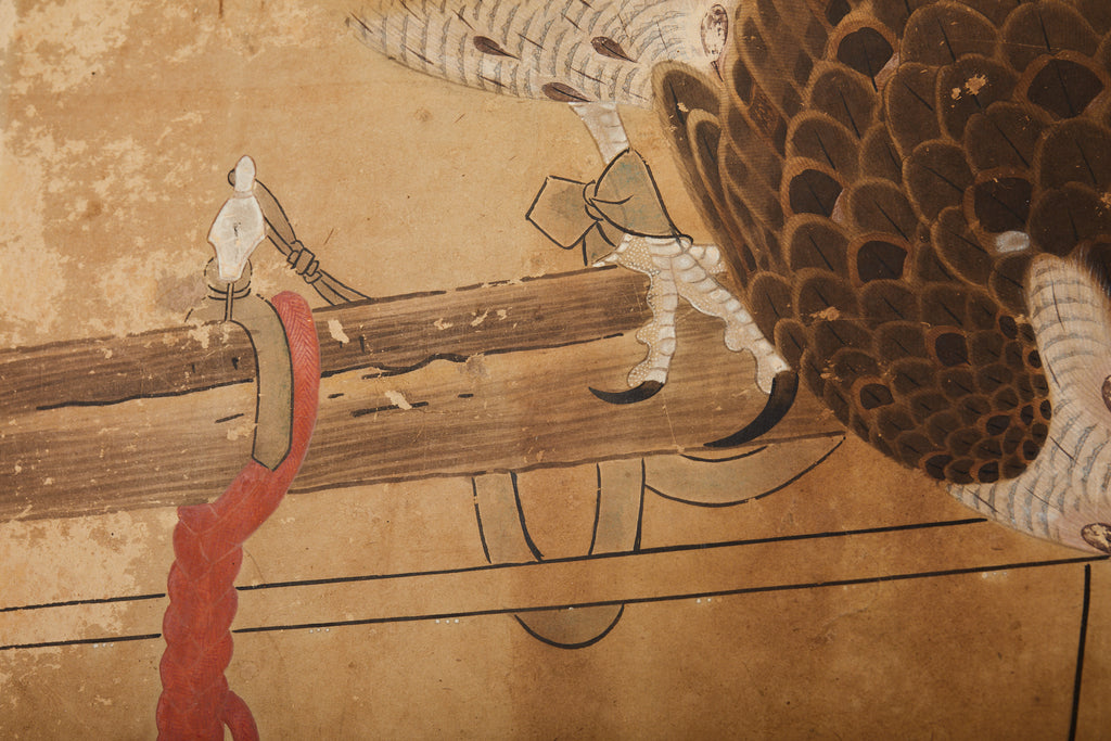 Japanese Edo Two Panel Screen Birds of Prey Hawks