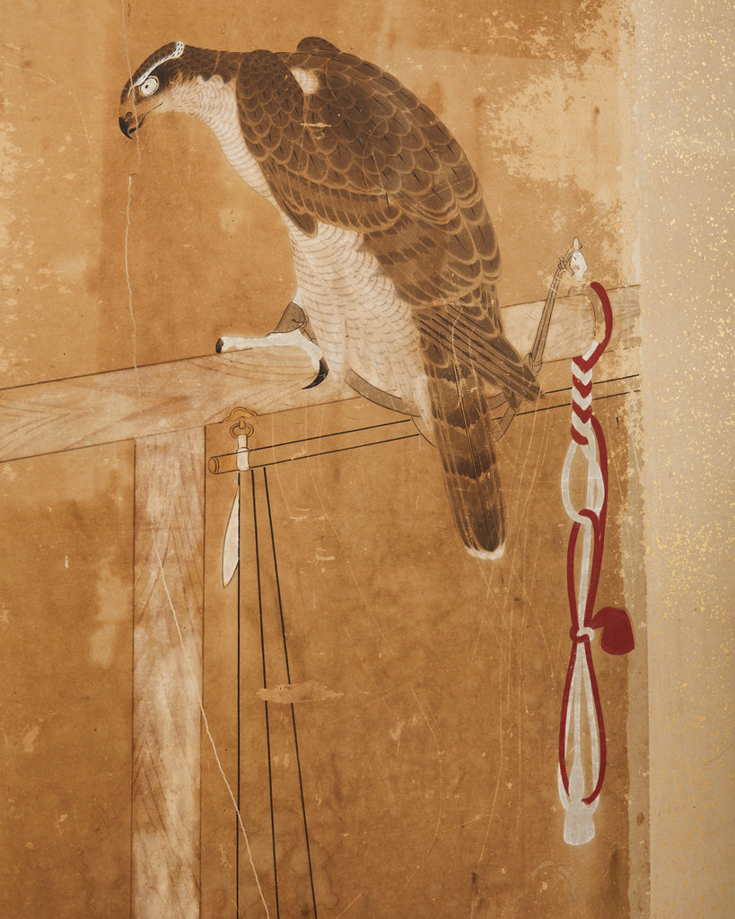 Japanese Edo Two Panel Screen Birds of Prey Hawks