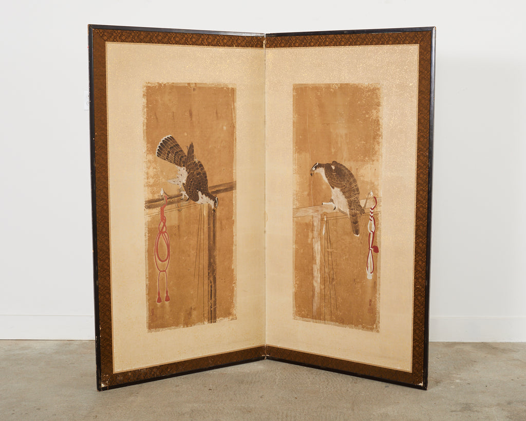 Japanese Edo Two Panel Screen Birds of Prey Hawks