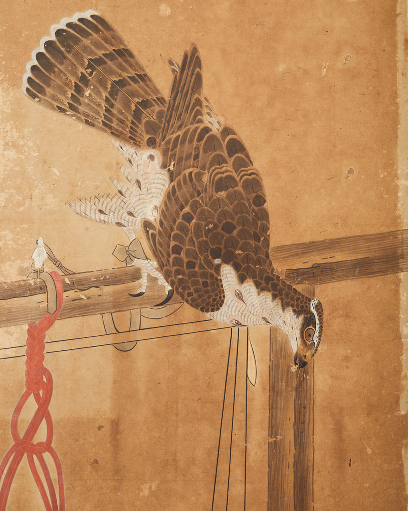 Japanese Edo Two Panel Screen Birds of Prey Hawks