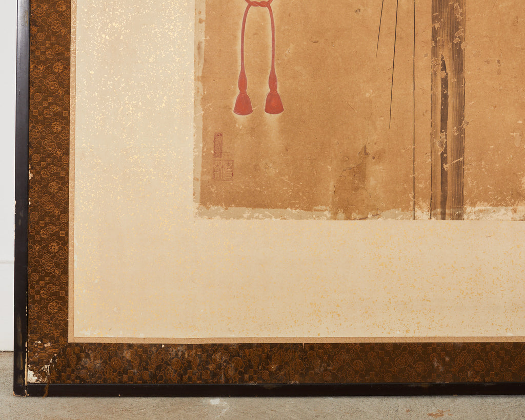 Japanese Edo Two Panel Screen Birds of Prey Hawks