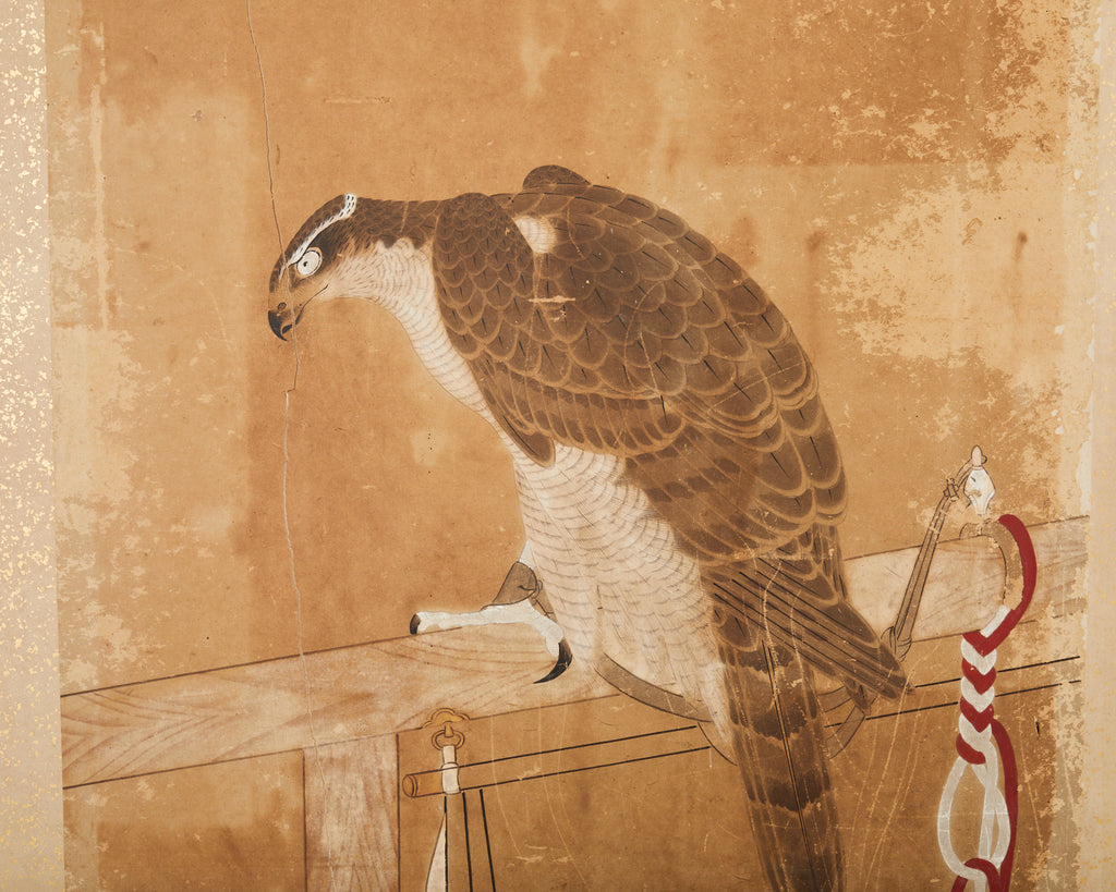 Japanese Edo Two Panel Screen Birds of Prey Hawks