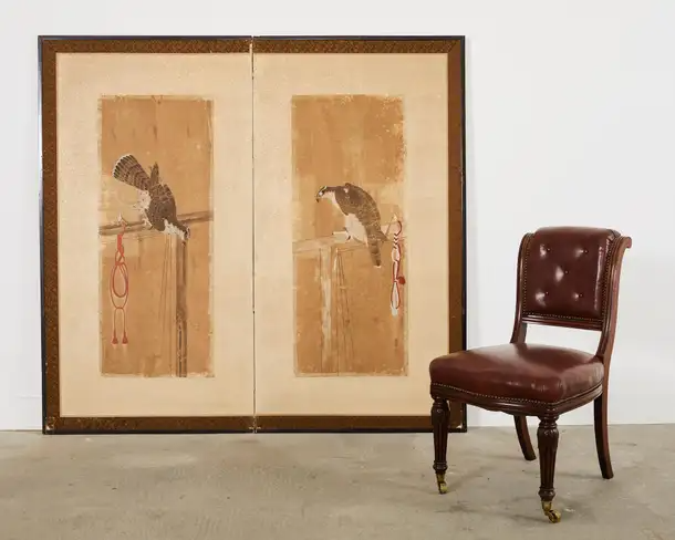 Japanese Edo Two Panel Screen Birds of Prey Hawks