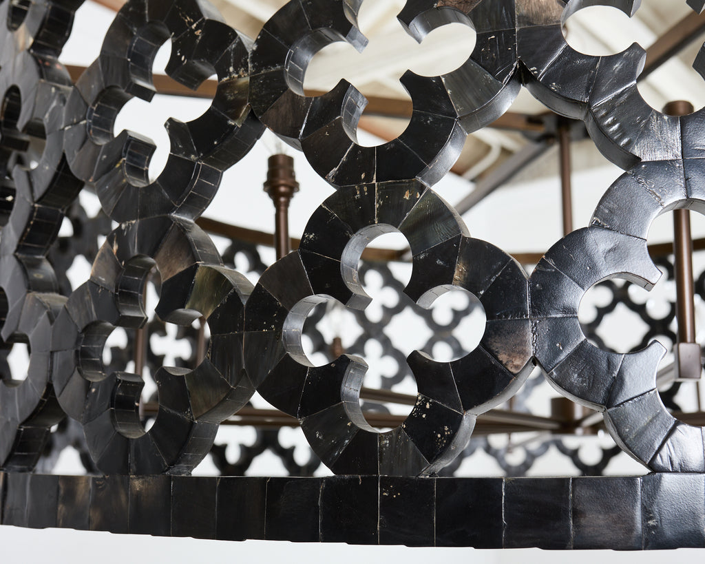 Monumental Horn Veneer Quatrefoil Ten Light Drum Chandelier