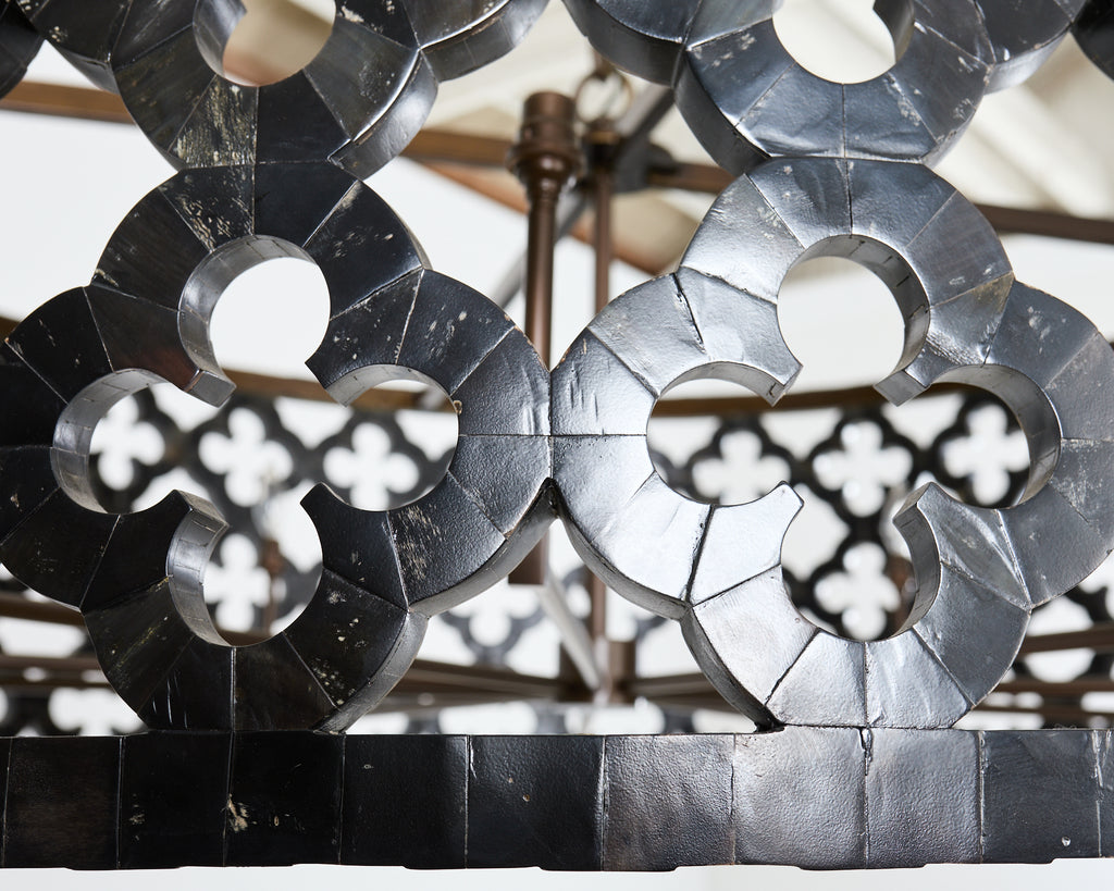 Monumental Horn Veneer Quatrefoil Ten Light Drum Chandelier
