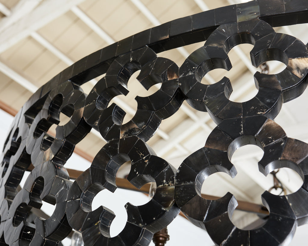 Monumental Horn Veneer Quatrefoil Ten Light Drum Chandelier