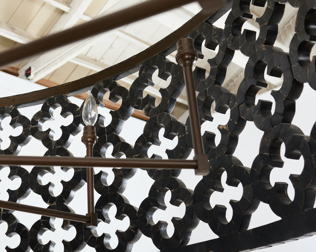 Monumental Horn Veneer Quatrefoil Ten Light Drum Chandelier