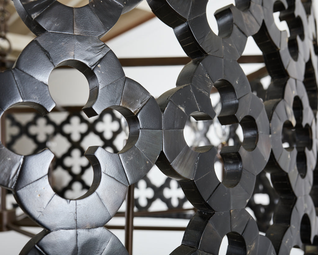 Monumental Horn Veneer Quatrefoil Ten Light Drum Chandelier