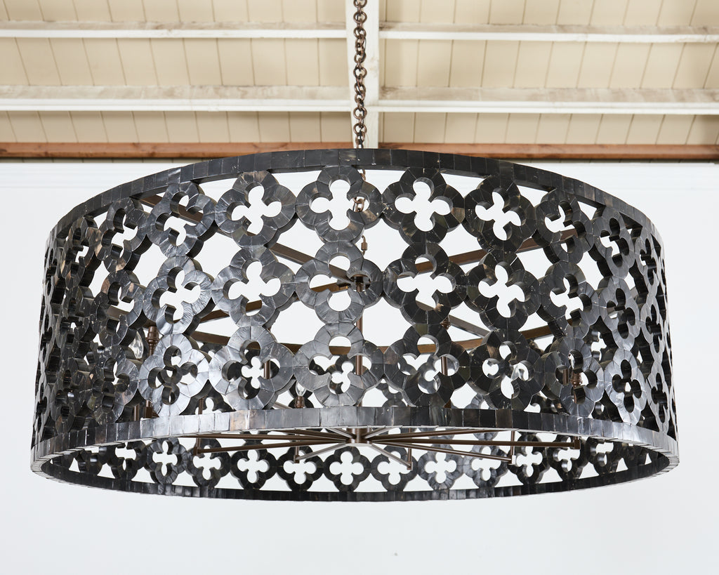 Monumental Horn Veneer Quatrefoil Ten Light Drum Chandelier