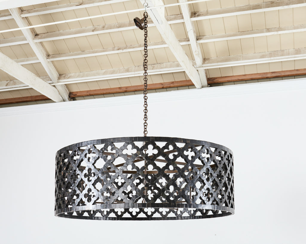 Monumental Horn Veneer Quatrefoil Ten Light Drum Chandelier