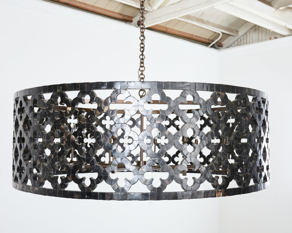Monumental Horn Veneer Quatrefoil Ten Light Drum Chandelier