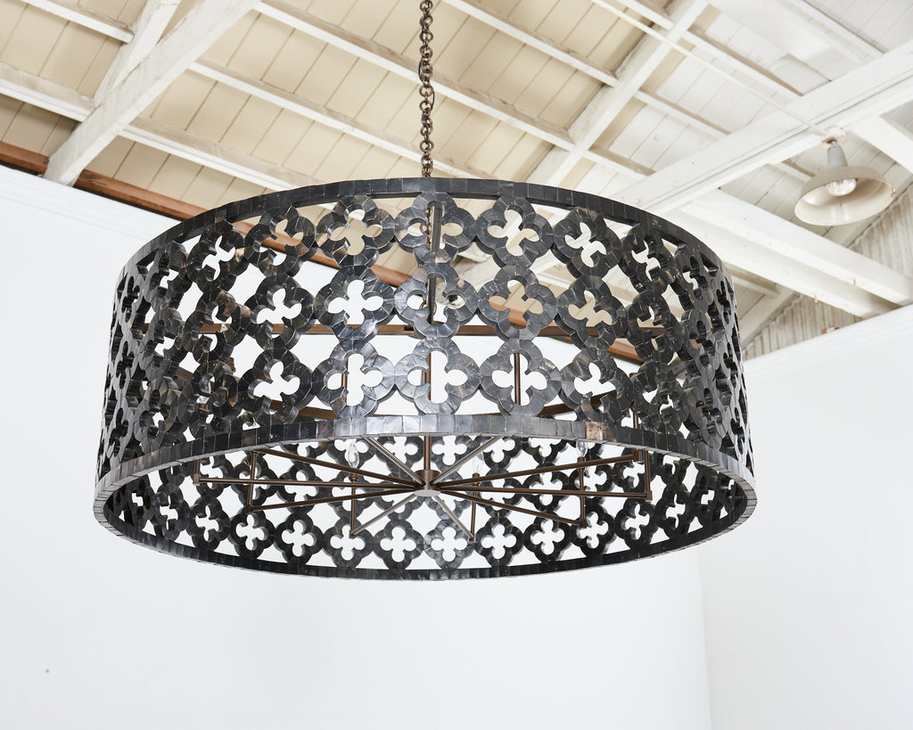 Monumental Horn Veneer Quatrefoil Ten Light Drum Chandelier