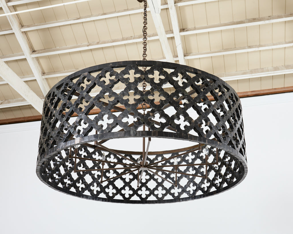 Monumental Horn Veneer Quatrefoil Ten Light Drum Chandelier