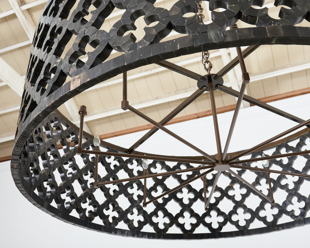 Monumental Horn Veneer Quatrefoil Ten Light Drum Chandelier