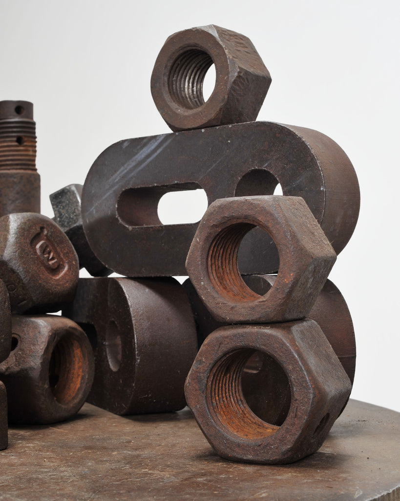 Set of 16 Industrial Oversized Iron Nuts Bolts and Link Plates
