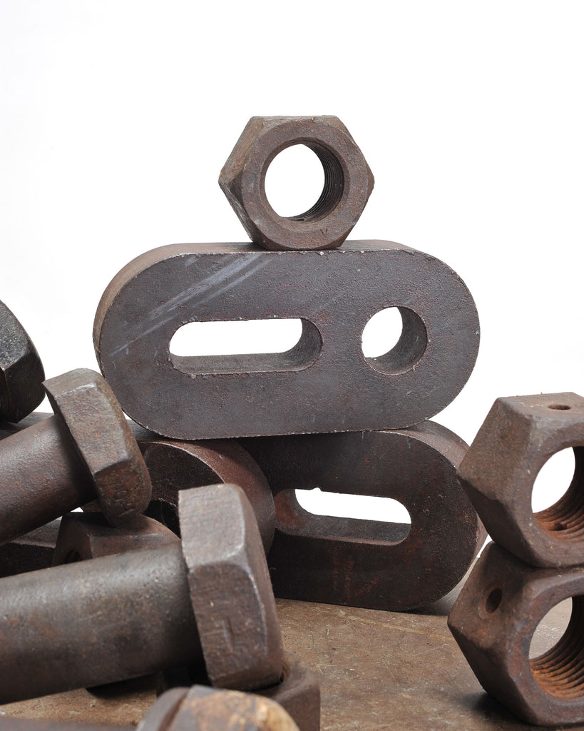 Set of 16 Industrial Oversized Iron Nuts Bolts and Link Plates