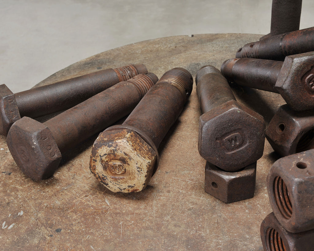 Set of 16 Industrial Oversized Iron Nuts Bolts and Link Plates