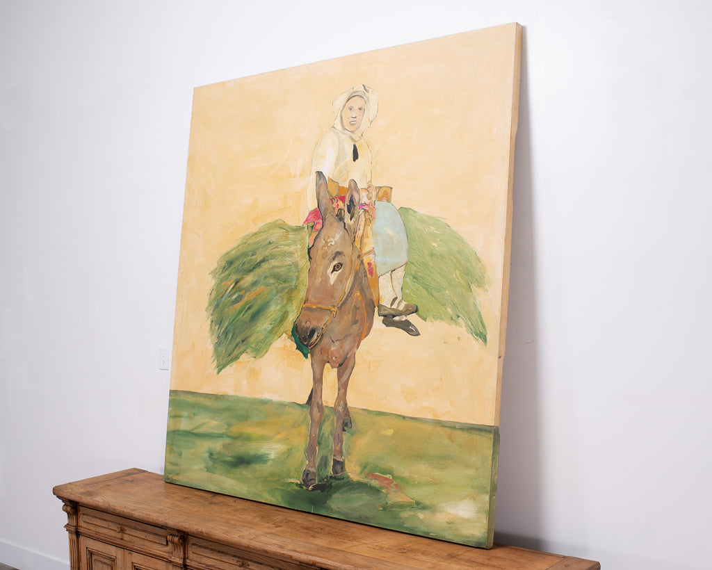 Ira Yeager 20th C. Corfu Woman on Donkey Oil Canvas Painting 6 Ft