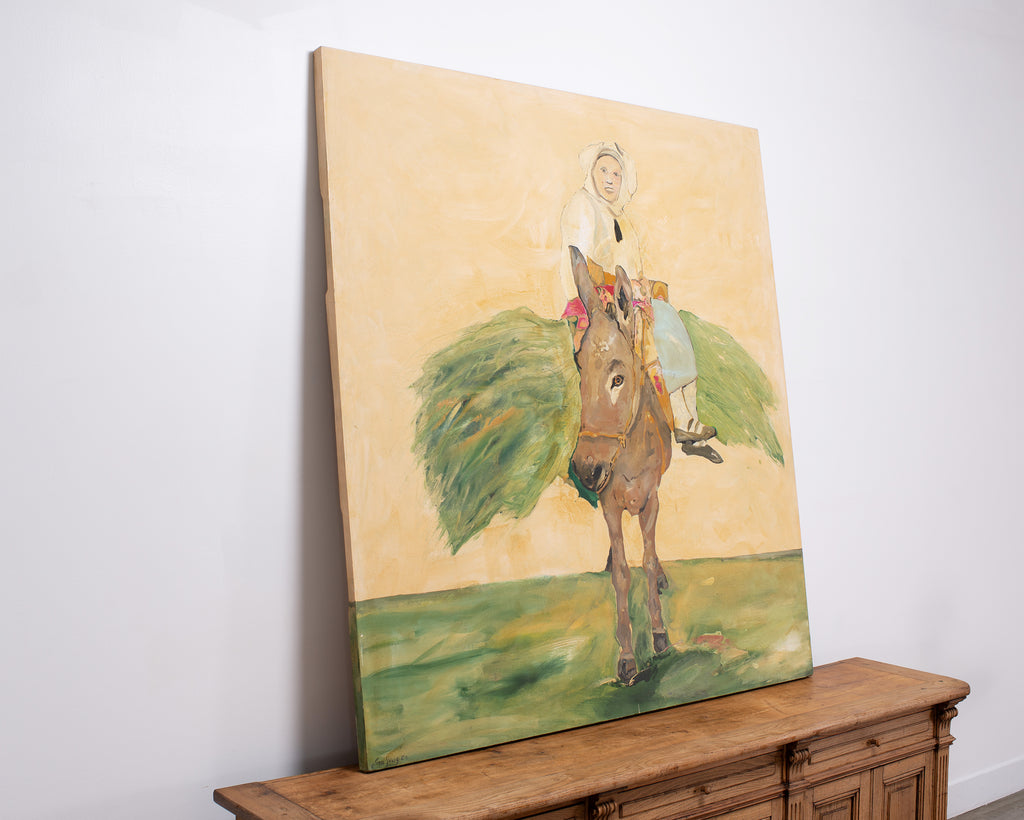 Ira Yeager 20th C. Corfu Woman on Donkey Oil Canvas Painting 6 Ft