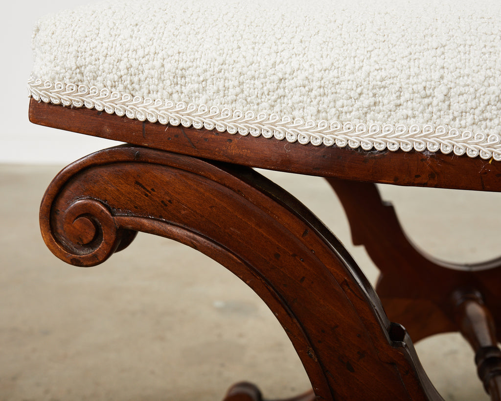 Italian Regency Style X Form Walnut Bench Stool with Bouclé