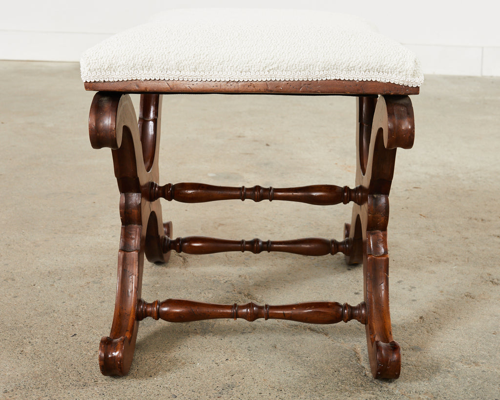 Italian Regency Style X Form Walnut Bench Stool with Bouclé