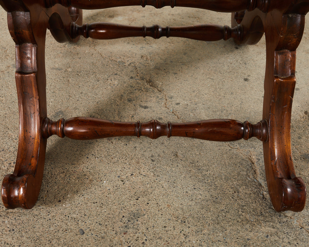 Italian Regency Style X Form Walnut Bench Stool with Bouclé