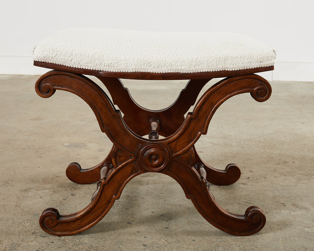 Italian Regency Style X Form Walnut Bench Stool with Bouclé