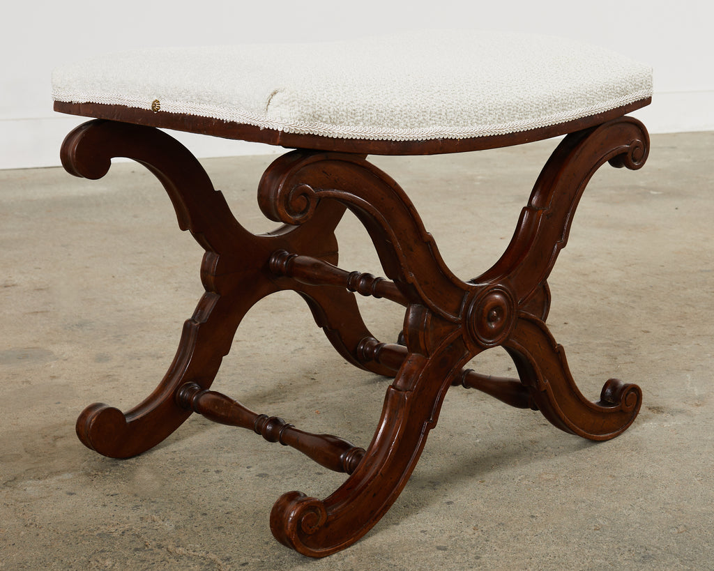 Italian Regency Style X Form Walnut Bench Stool with Bouclé