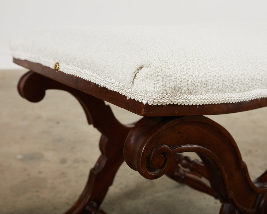 Italian Regency Style X Form Walnut Bench Stool with Bouclé