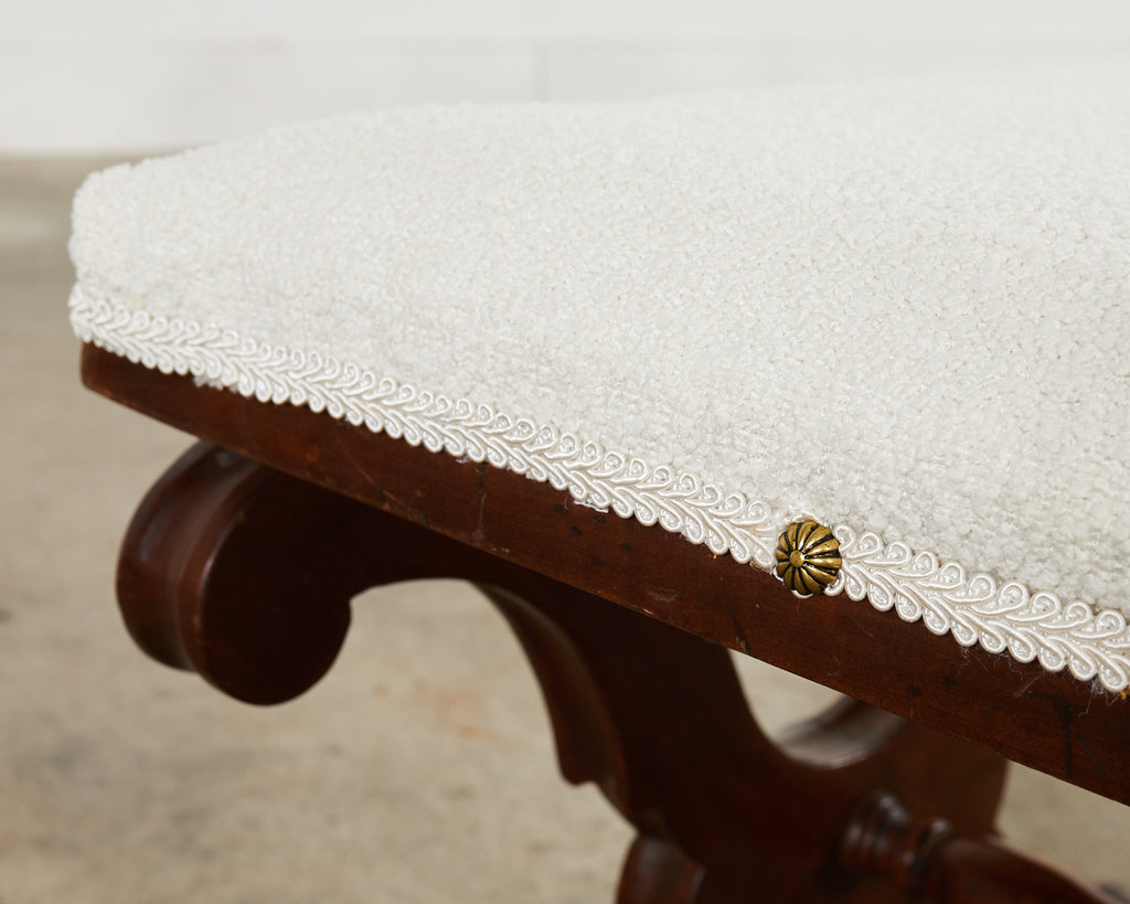 Italian Regency Style X Form Walnut Bench Stool with Bouclé