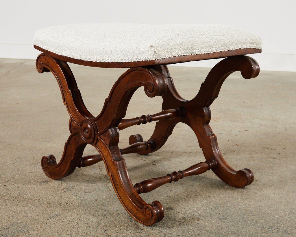 Italian Regency Style X Form Walnut Bench Stool with Bouclé
